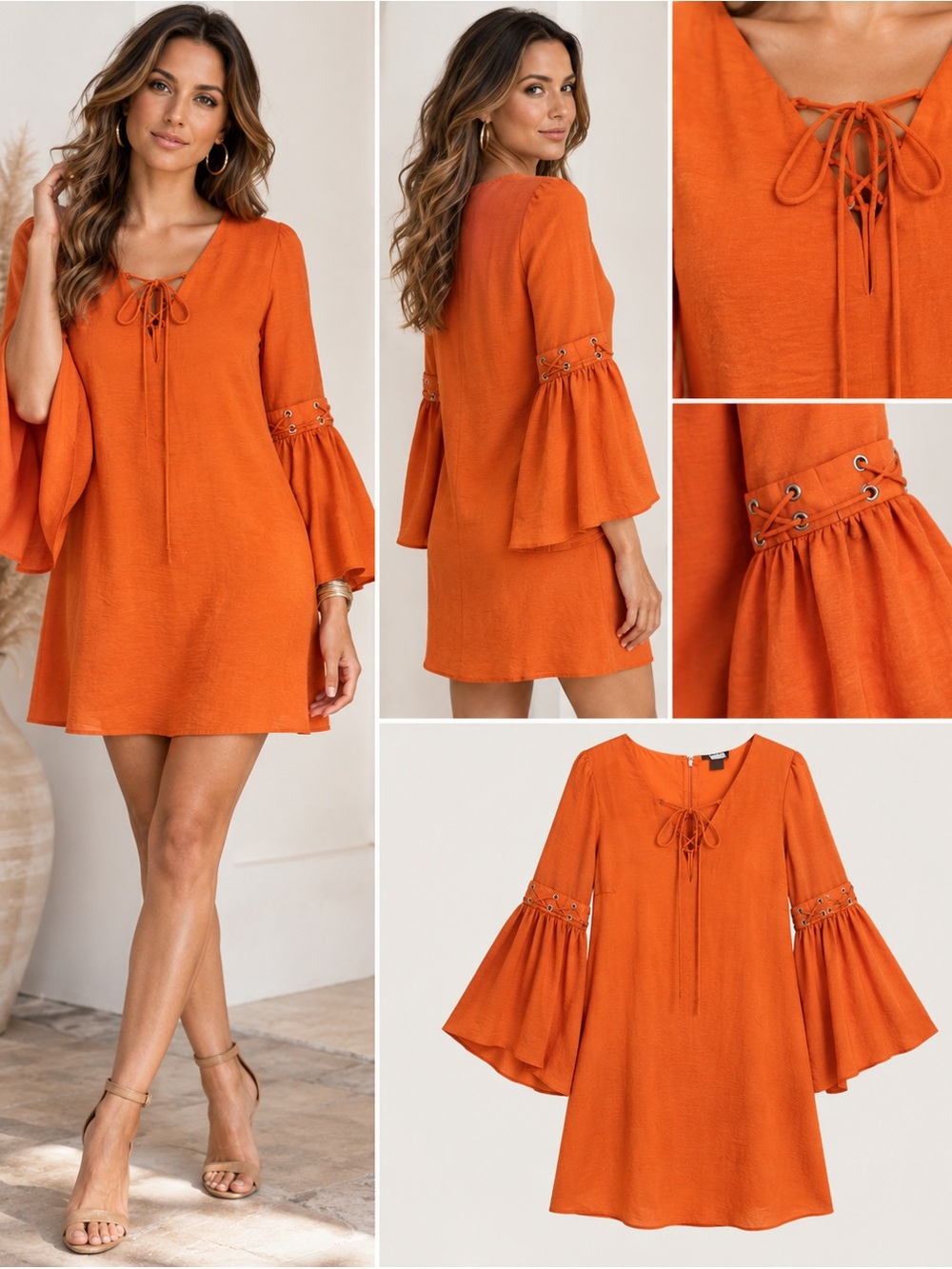 VENUS Orange Eyelet Bell-Sleeve Mini Dress